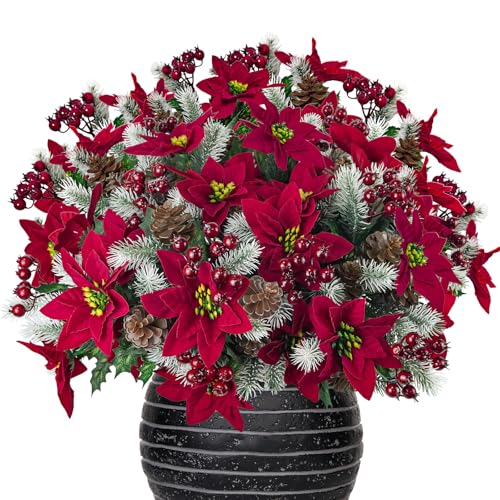 Deep Red Artificial Poinsettia Flowers Christmas Decoration 12 Pack - Velvet Faux Bouquets for Holiday & Indoor Decor