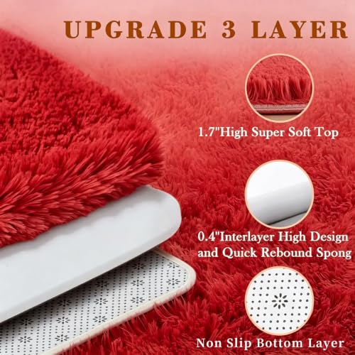 Red 4x6ft Ultra Soft Fluffy Shag Area Rug for Bedroom – Non-Slip Velvet Backing