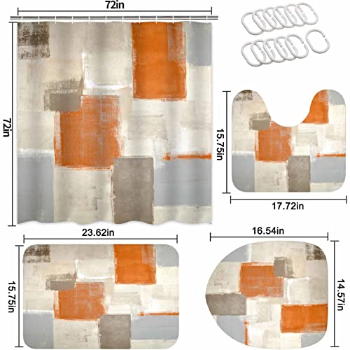 4-Piece Orange Modern Art Shower Curtain Set with Non-Slip Bath Rugs