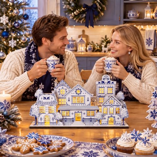 Tondiamo Lighted Chinoiserie Blue & White Christmas Village House Centerpiece