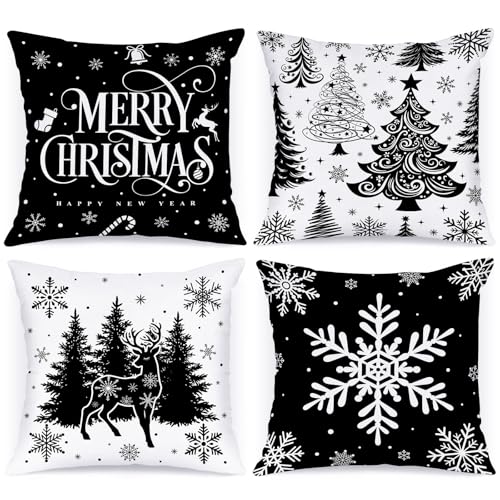 Black Christmas Pillow Covers Set of 4 20x20 Inches Holiday Decor for Sofa Bed Bedroom