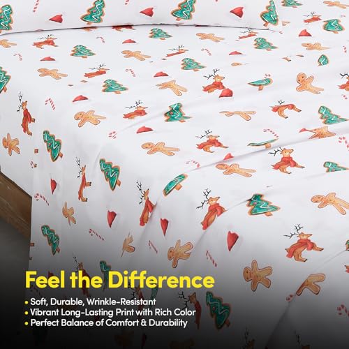 Sweet Home Collection Holiday Cookies California King Sheets with Built‑in Straps – Festive Winter Bedding