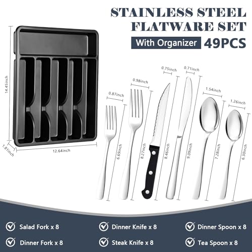 49-Piece Stainless Steel Flatware Set for 8 with Steak Knives and Organizer
