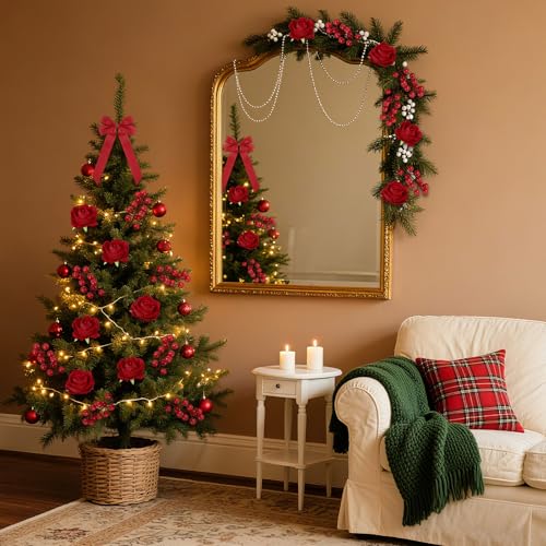 Hoteam Christmas Rose Ornaments Set with Berries & Bows - Holiday Decor