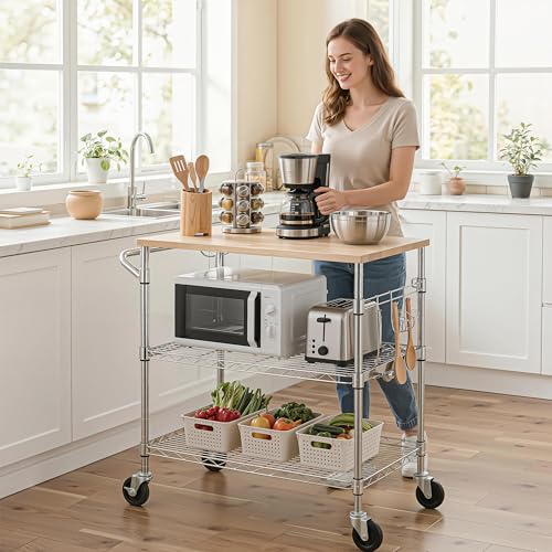 3-Tier Rolling Kitchen Cart with Oak Wood Top, Utility Island with Wheels