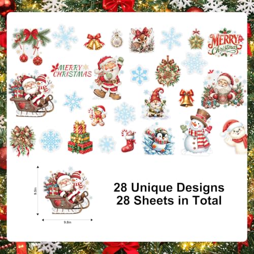 Traditional Christmas Window Clings Set - 28 Reusable Static Holiday Decals with Santa, Snowman & Reindeer - Double-Sided Xmas Decorations