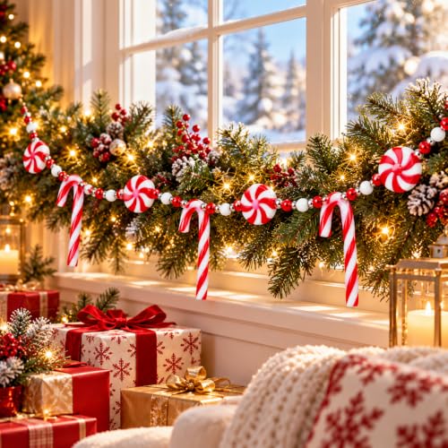 WHQXFDZ 9 Ft Christmas Candy Cane Garland - Shatterproof Plastic Candy Bead Decor