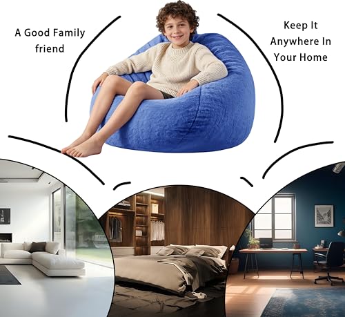 3ft Faux Fur Memory Foam Bean Bag Chair for Kids and Teens, Dark Blue