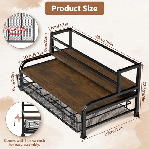 3-Tier Coffee Syrup Organizer with Pod Drawer - Metal & Wood Countertop Stand