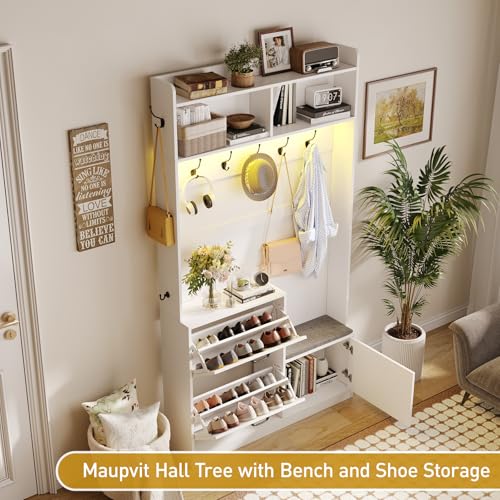 78-Inch Farmhouse Hall Tree with Bench, Shoe Storage, and LED Lights