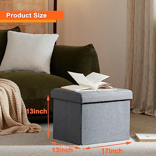 Foldable Storage Ottoman Footrest Stool - Small Grey Footstool (17x13x13 In)
