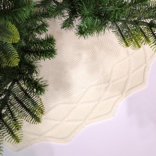 48-Inch Cable Knit Christmas Tree Skirt, Thick Rustic Holiday Decor, White