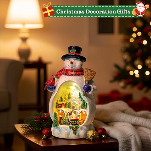 ZQQLITE Snowman Christmas Village Figurines with Rotating Train & Music - Lighted Holiday Decor