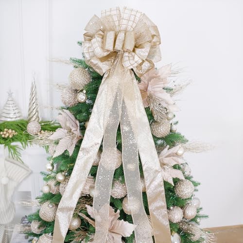 Champagne Gold Christmas Tree Topper Bow with Glitter Mesh Streamer 40in - 12in Diameter, Circle Variation