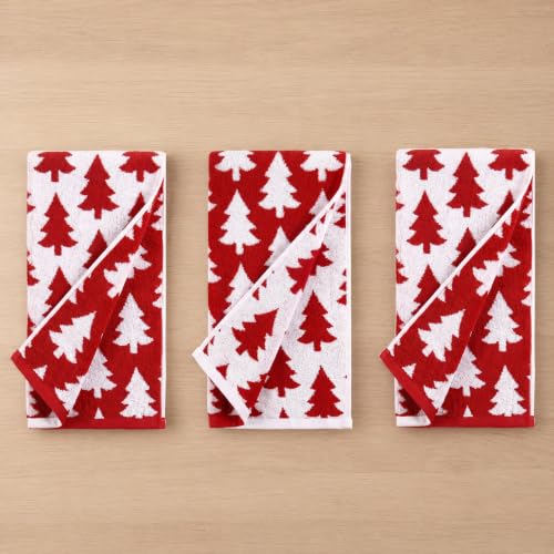Artoid Mode 3 Pcs Red Xmas Trees Christmas Jacquard Hand Towels for