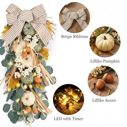 24-Inch Fall Pumpkin Teardrop Swag with Warm LED Lights for Front Door