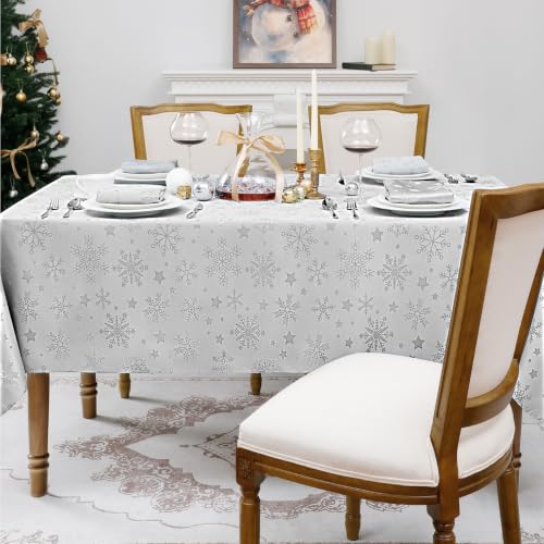 Romanstile Silver Christmas Jacquard Rectangle Tablecloth 60x84in Snowflake Decor