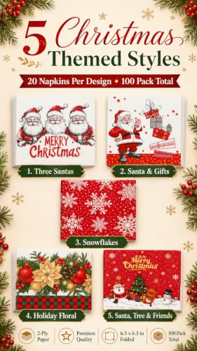 100 Pack Christmas Napkins for Decoupage - 6.5 Inch, 2-Ply Paper Napkins