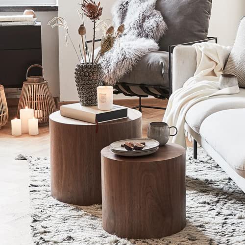 Nesting Coffee Table Set of 2, Round Wooden Accent Side Tables for Living Room