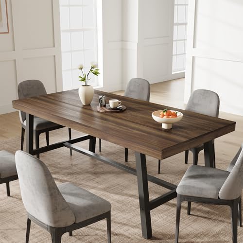71-Inch Farmhouse Dining Table, Rustic Rectangular Kitchen Table with Steel Frame