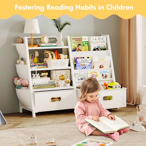 Kids Bookshelf and Toy Storage Organizer with 2 Bins, 3-Tier White Wood