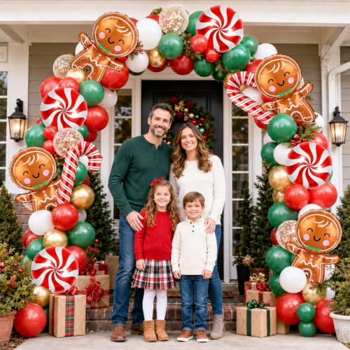 Gingerbread Man Candy Christmas Foil Balloons Set - 10PCS Holiday Party Decorations with Red Candy Cane & Lollipop Balloons
