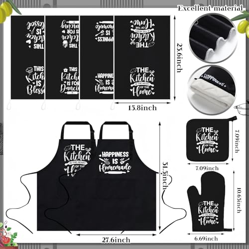 17-Piece Black and White Kitchen Decor Set with Aprons, Rugs, and Utensils