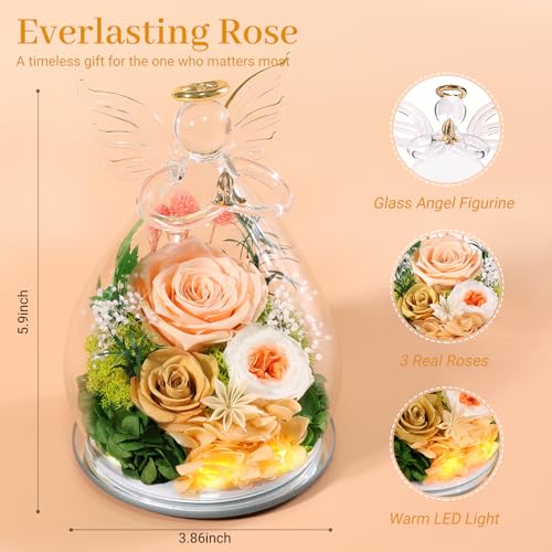 Preserved Rose in Glass Angel Figurine with LED Light - Forever Flower Gift