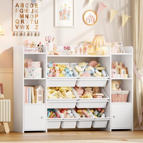 Kids Toy Storage Organizer with 8 Bins, Bookshelf and Cabinet, White