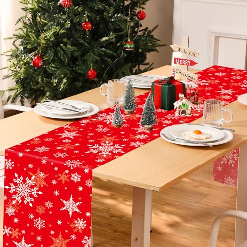Red Snowflake 6-Pc Plastic Table Runners Set 14x108in for Christmas Party