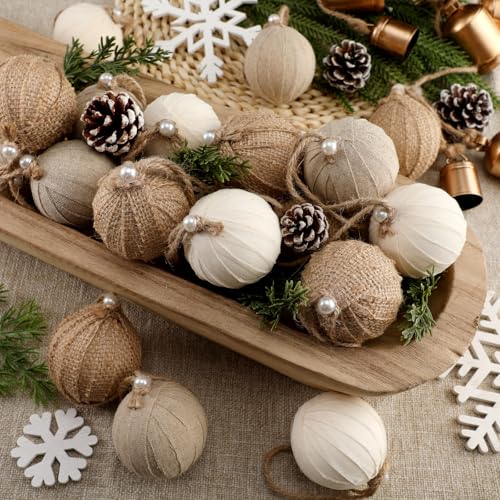 Syhood 24 Pcs Burlap Christmas Ornaments 2.36 Inch Farmhouse Rustic Holiday Balls
