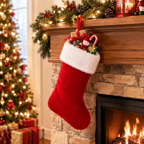 20 Inch Red & White Velvet Christmas Stockings - Handmade Holiday Decor