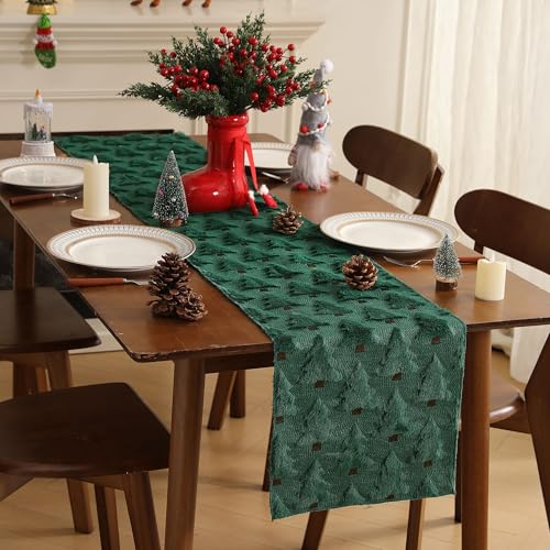 WKJZH Green Christmas Tree Table Runner 13x48 Inch Faux Plush Jacquard Seasonal Decor