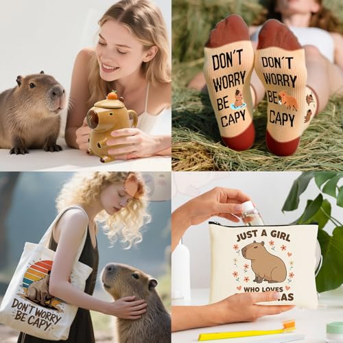 Capybara Lover Gift Set - 10 Pieces: Capybara Themed Cup, Tote Bag, Makeup Bag, Socks, Hairband, Sticky Notes, Earrings & Greeting Card