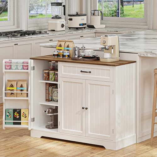 Gizoon White and Rustic Coffee Bar Cabinet with Storage, 42W, 3 Doors & 1 Drawer