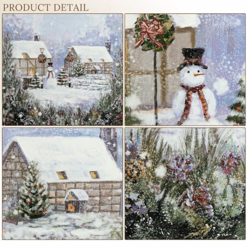 ArtbyHannah Snowy Village Christmas Canvas Wall Art 24x24 Inch, Framed Hand-Painted Holiday Decor