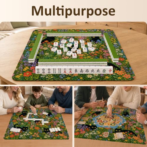 Floral Black Cat Mahjong Mat 31.5" x 31.5" - Non-Slip Noise-Reducing Cover