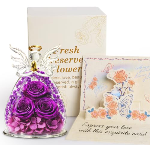 Preserved Rose in Glass Angel Figurine with LED Lights - Eternal Flower Gift