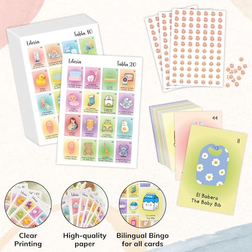 Bilingual Baby Shower Loteria Game - 50 Player Spanish & English Bingo Set