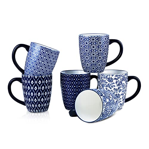 Selamica Vintage Blue 16 oz Ceramic Coffee Mug Set of 6 - Dishwasher & Microwave Safe