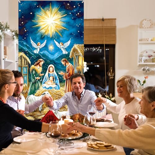 Religious Christmas Nativity Door Cover - Jesus Holy Night Scene, Blue & Gold, 70x35 inches