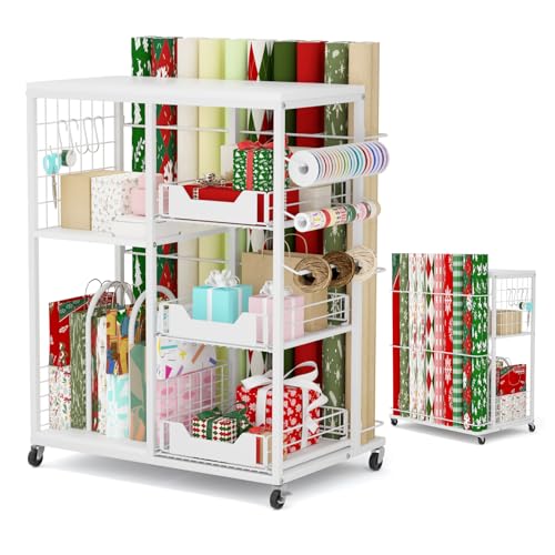 Rolling Wrapping Paper Organizer Cart with Wheels and Drawers
