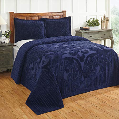 Chenille King Size Bedspread 100% Cotton Tufted Medallion Navy