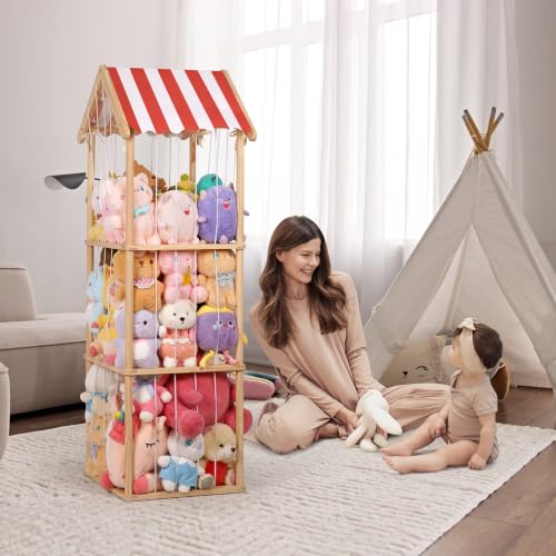 3-Tier Wooden Stuffed Animal Storage Zoo - Anti-Tip Plush Toy Organizer