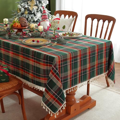 Christmas Green Checkered Tablecloth 86x55 Inch Rectangular Buffalo Plaid with Tassels