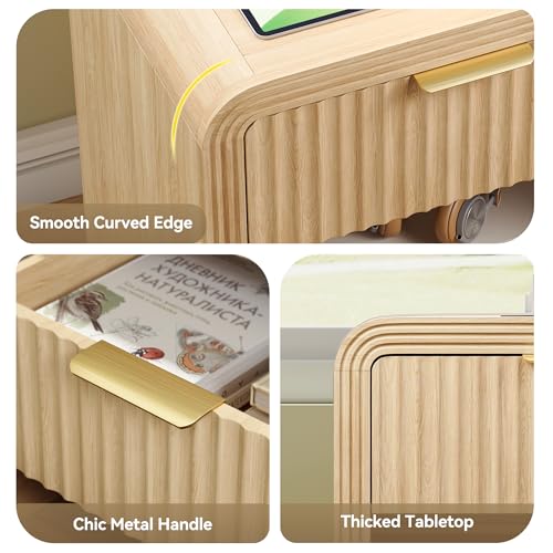 Fluted 1-Drawer Nightstand with USB Charging Station - Oak Bedside Table