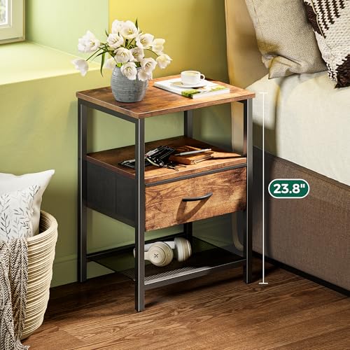 Industrial Nightstand Set of 2 with Fabric Drawer and Mesh Storage Shelf