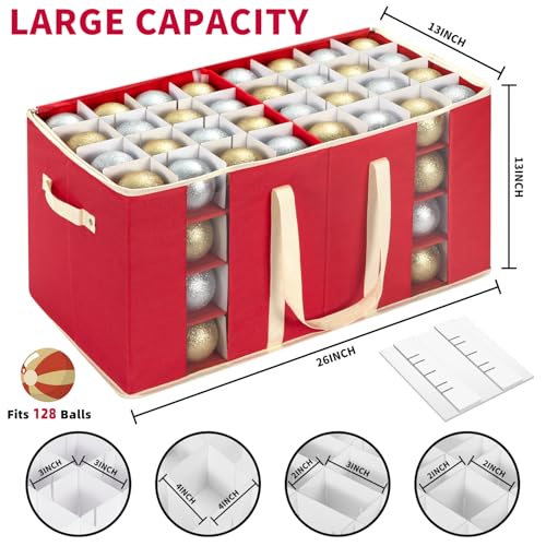 DIMESHY Christmas Ornament Storage Box Holds 128 Ornaments with Window, Red