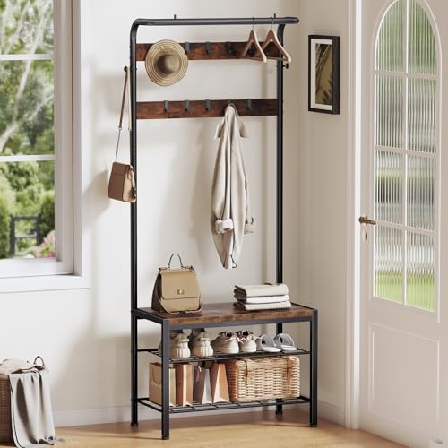 Rustic Hall Tree with Shoe Bench, Lift-Top Storage and 10 Hooks