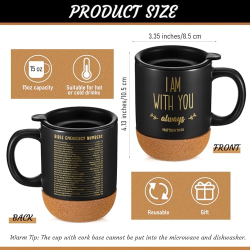 FillTouch 12-Piece Christian Mugs Set 15 oz Black with Lids & Cork Bottom - Bulk Gift, Father’s Day/Pastor Appreciation